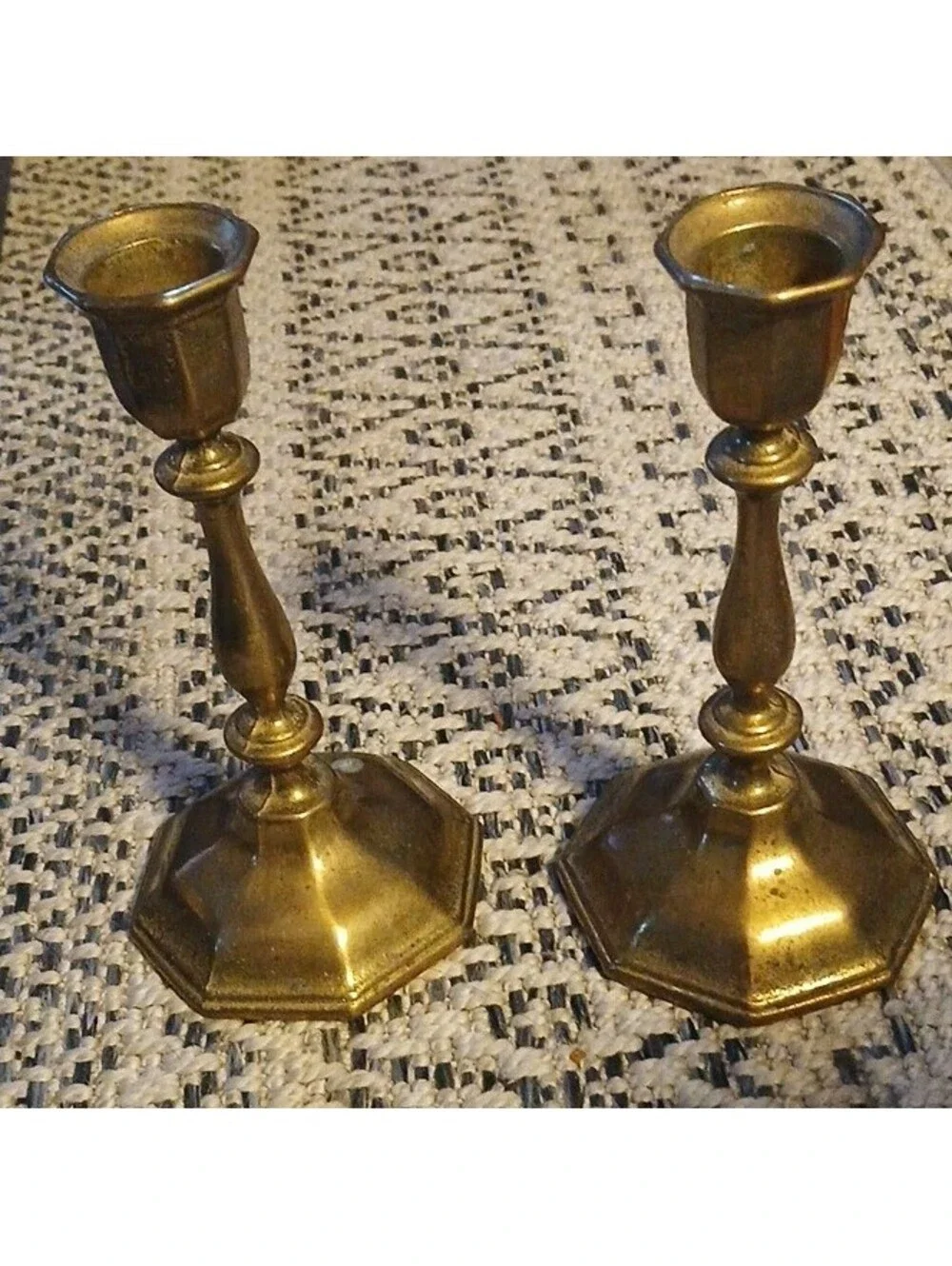 Nijhof Holland Brass Pair Octagon Taper Candle Holders Engraved Dutch Gold